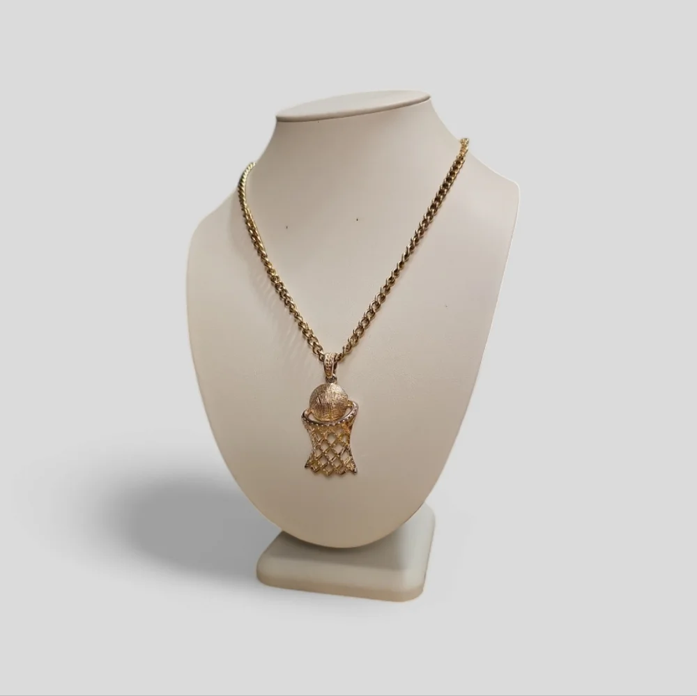 Vintage Gold Plated Basketball Hoop Pendant Necklace.